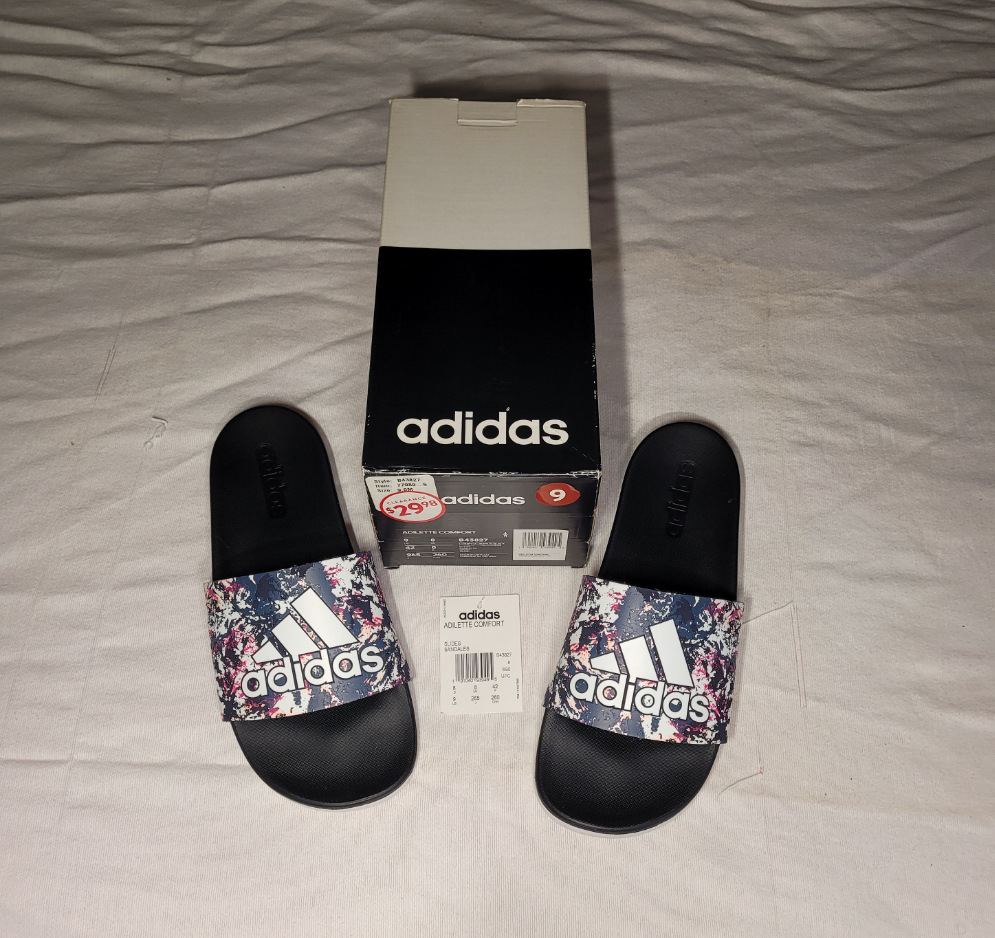 Adidas Adilette Comfort Slides – Size 9 Men / 8 Women – Splash Print Strap