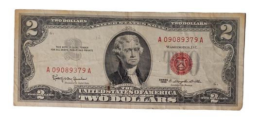 Unites States Note Series 1963 Red Seal $2 A09089379A . Rare low serial number. Collectible U.S. Currency