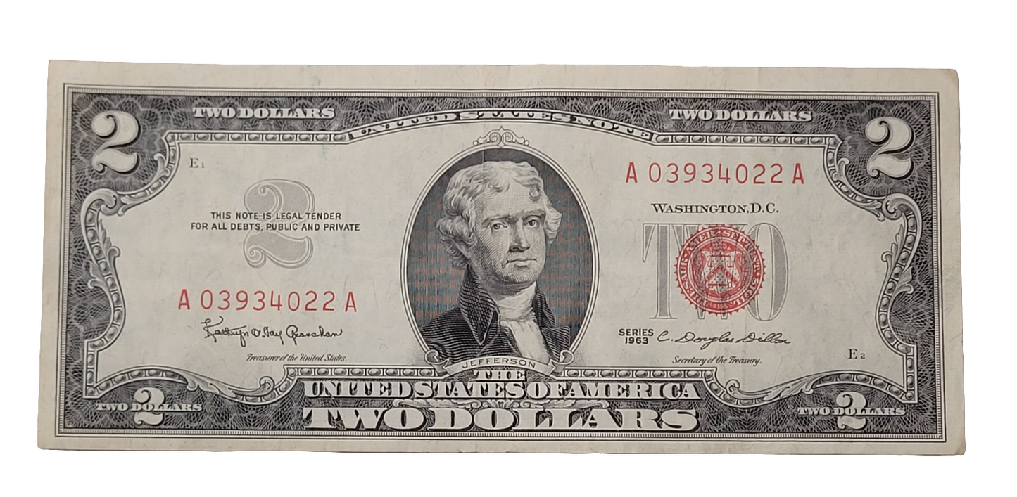 Rare Vintage 1963 Red Seal $2 United States Note A03934022A - Collectible Jefferson Banknote