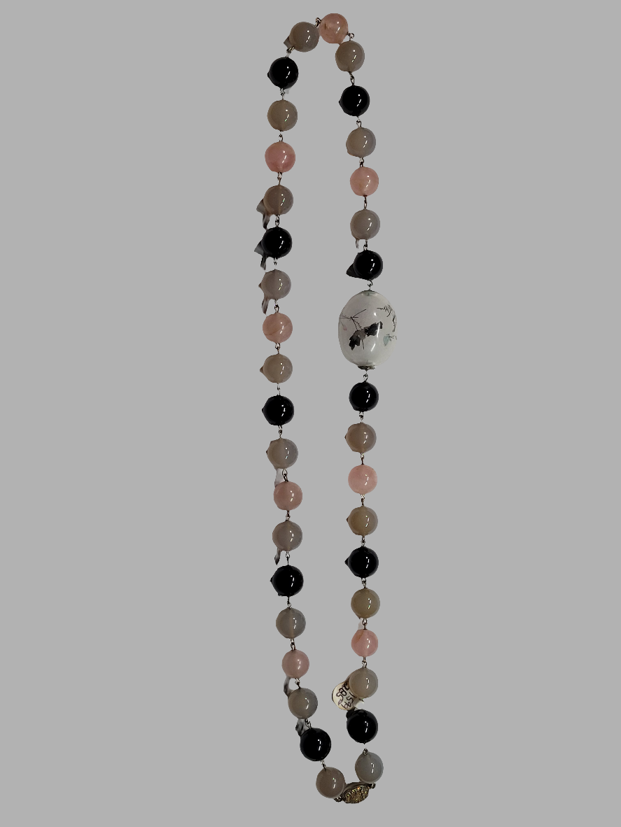 Handcrafted Stone Beaded Necklace with Silver Clasp and Hand-Painted Bead Chinese Artistry