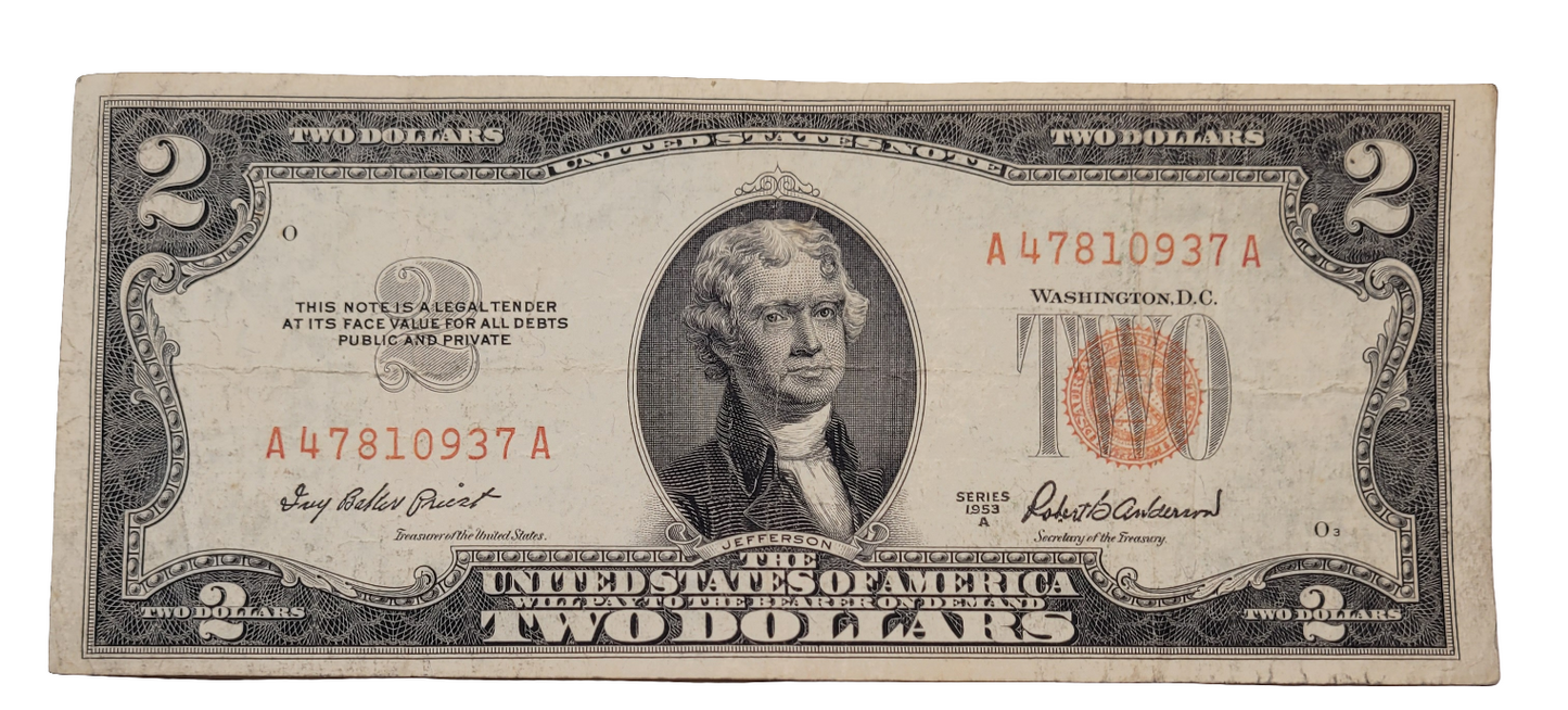 Rare 1953 $2 United States Note - WWII Era Orange Seal Currency