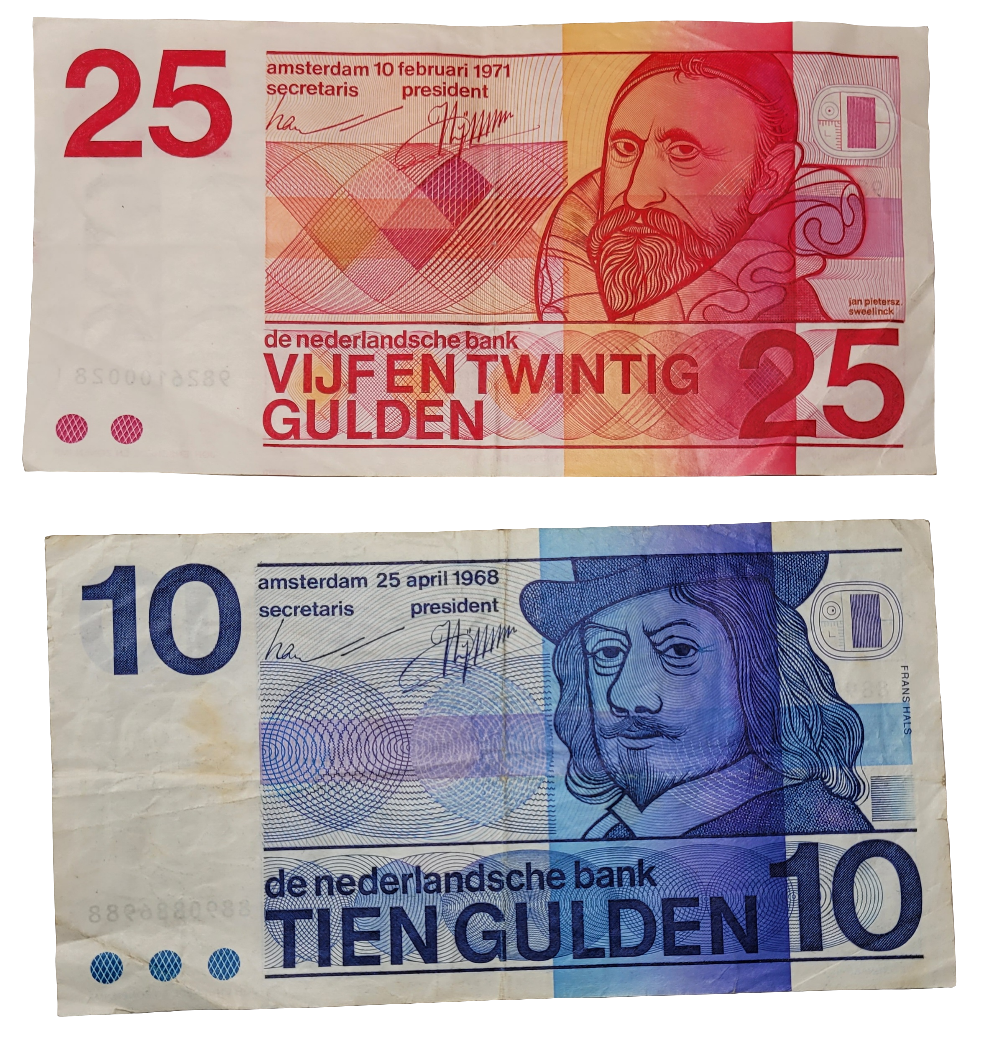 Rare Netherlands 25 and 10 Gulden Banknotes - Vibrant Mid-20th Century Dutch Currency