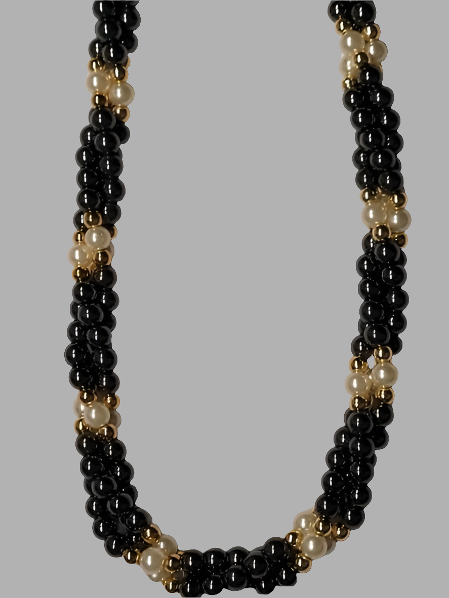 Handcrafted Hematite and Faux Pearl Beaded Necklace with Gold-Tone Clasp