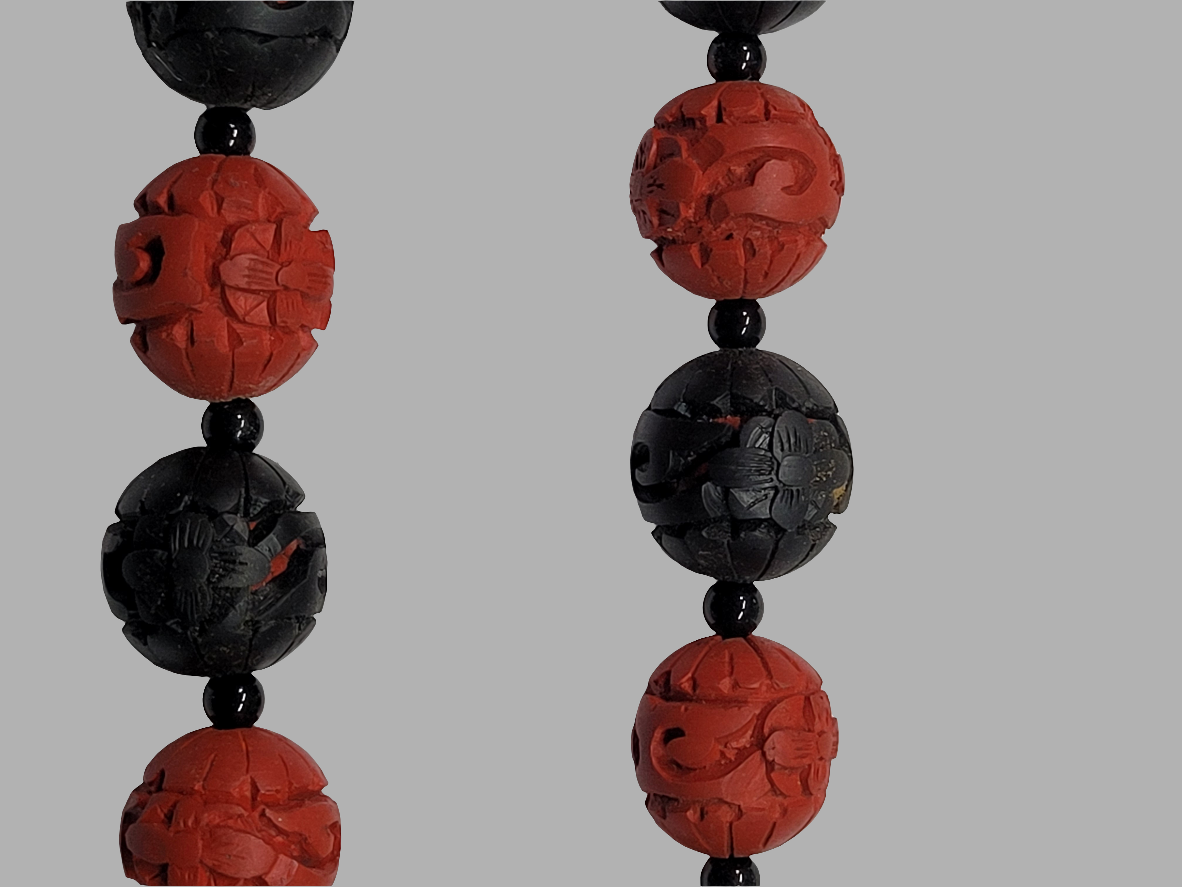 Hand-Carved Cinnabar Bead Necklace with Intricate Floral Patterns Chinese Artistry