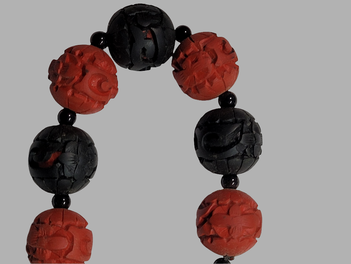 Hand-Carved Cinnabar Bead Necklace with Intricate Floral Patterns Chinese Artistry