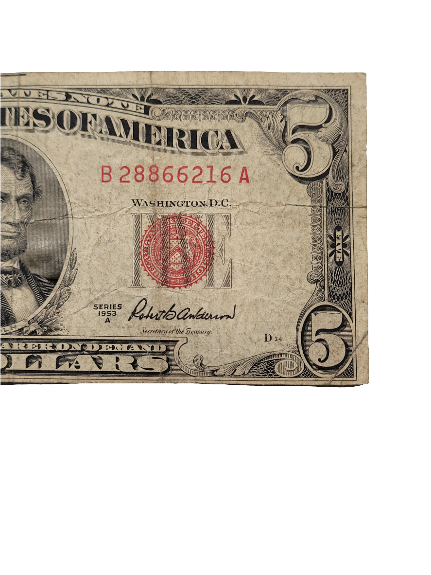Rare 1953A Series $5 United States Note B28866216A - Vintage Red Seal Currency Featuring Abraham Lincoln