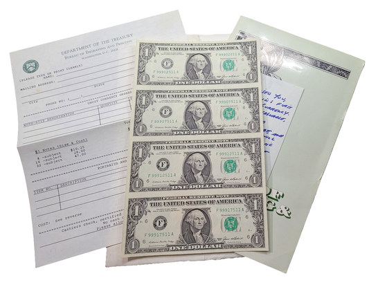 Uncut $1 Notes and Historical Treasury Documents - Collectible Currency and Memorabilia Set