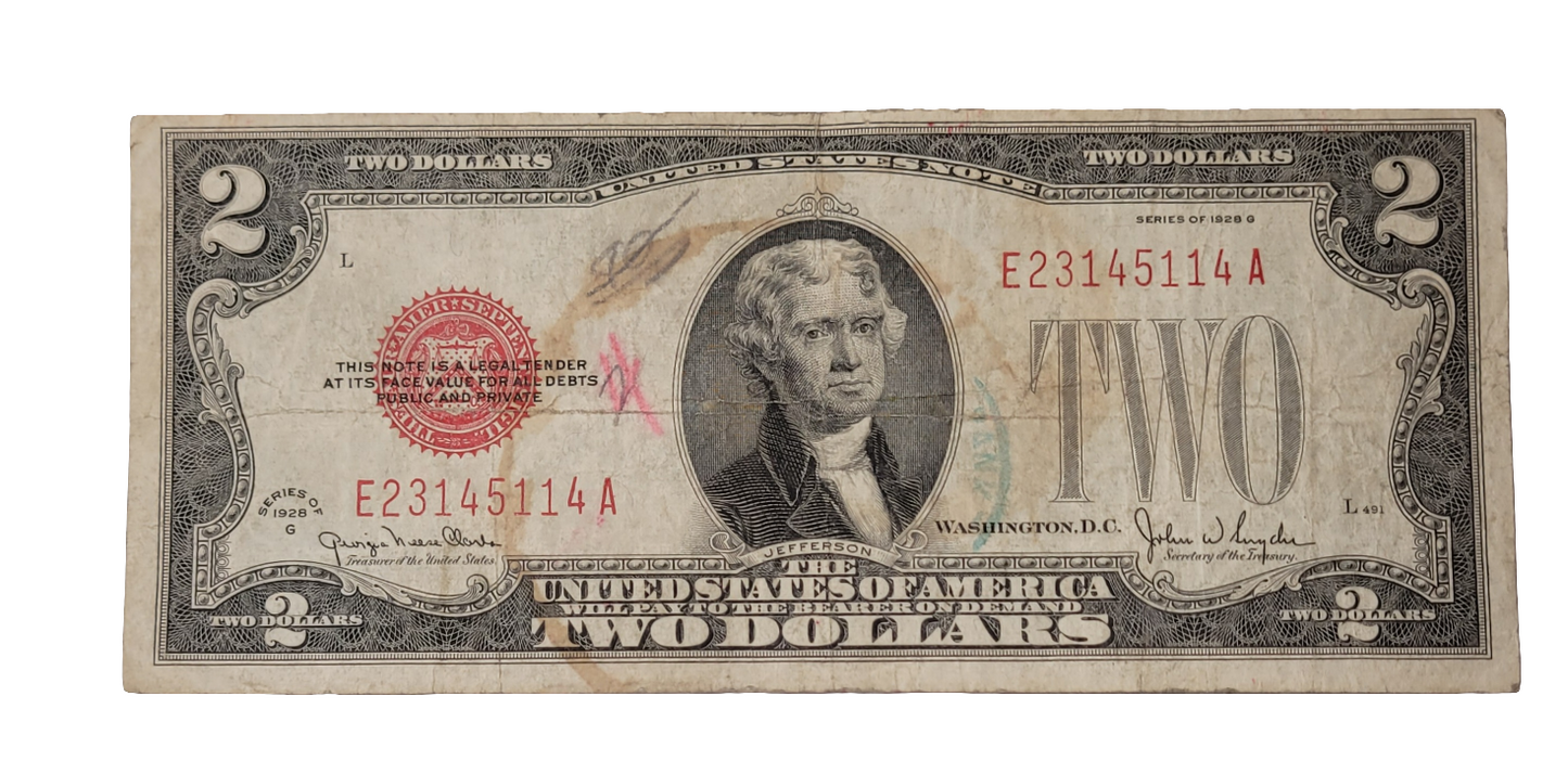 Rare 1928 $2 United States Note E23145114A - Vintage Red Seal Currency with Unique Signature and History