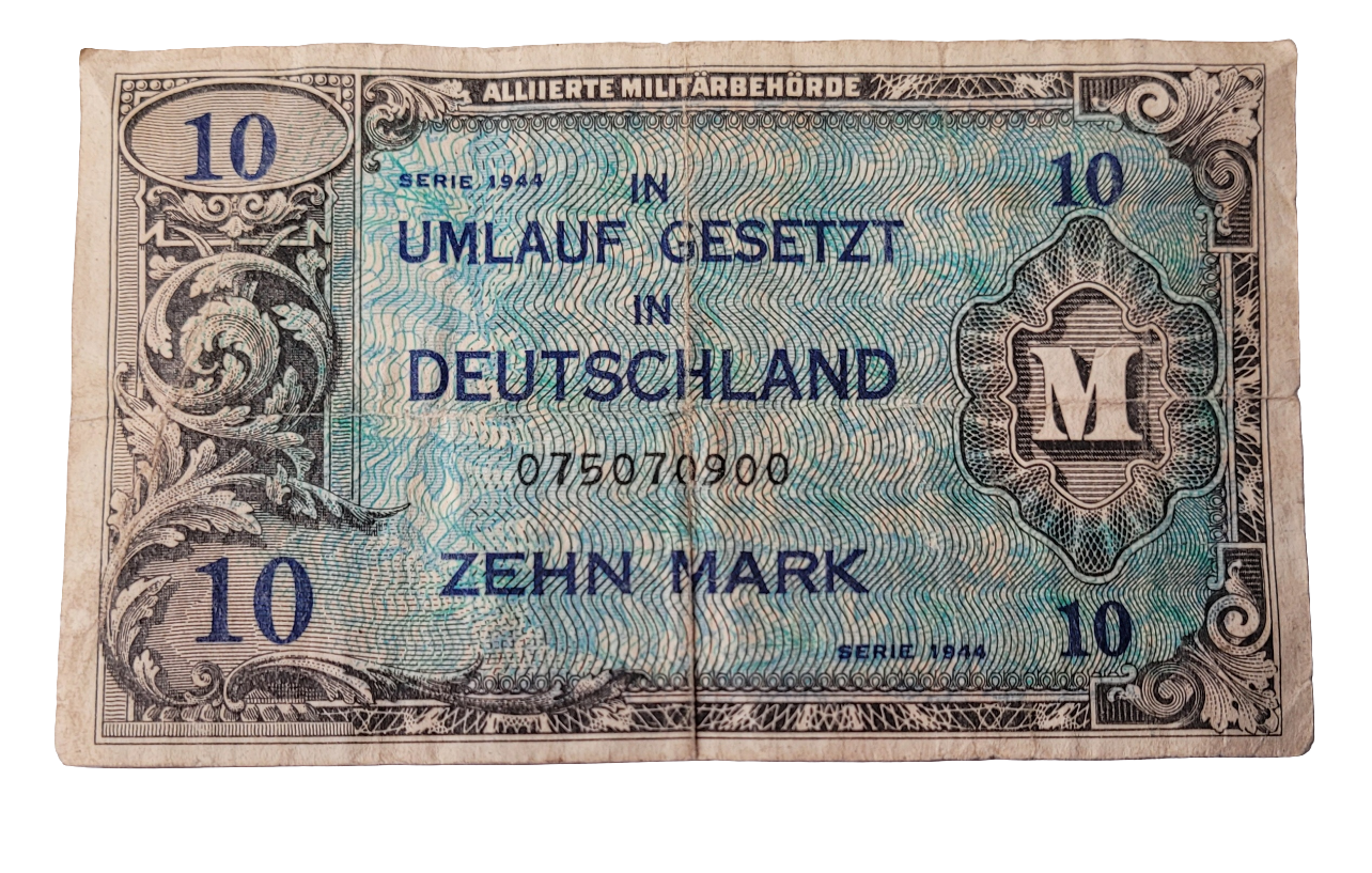 Rare 1944 German Allied Occupation 10 Mark Banknote - Unique WWII Historical Currency