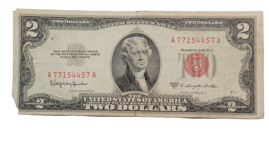 Vintage 1953C A77154457A $2 Red Seal United States Note - Monticello and Jefferson Design