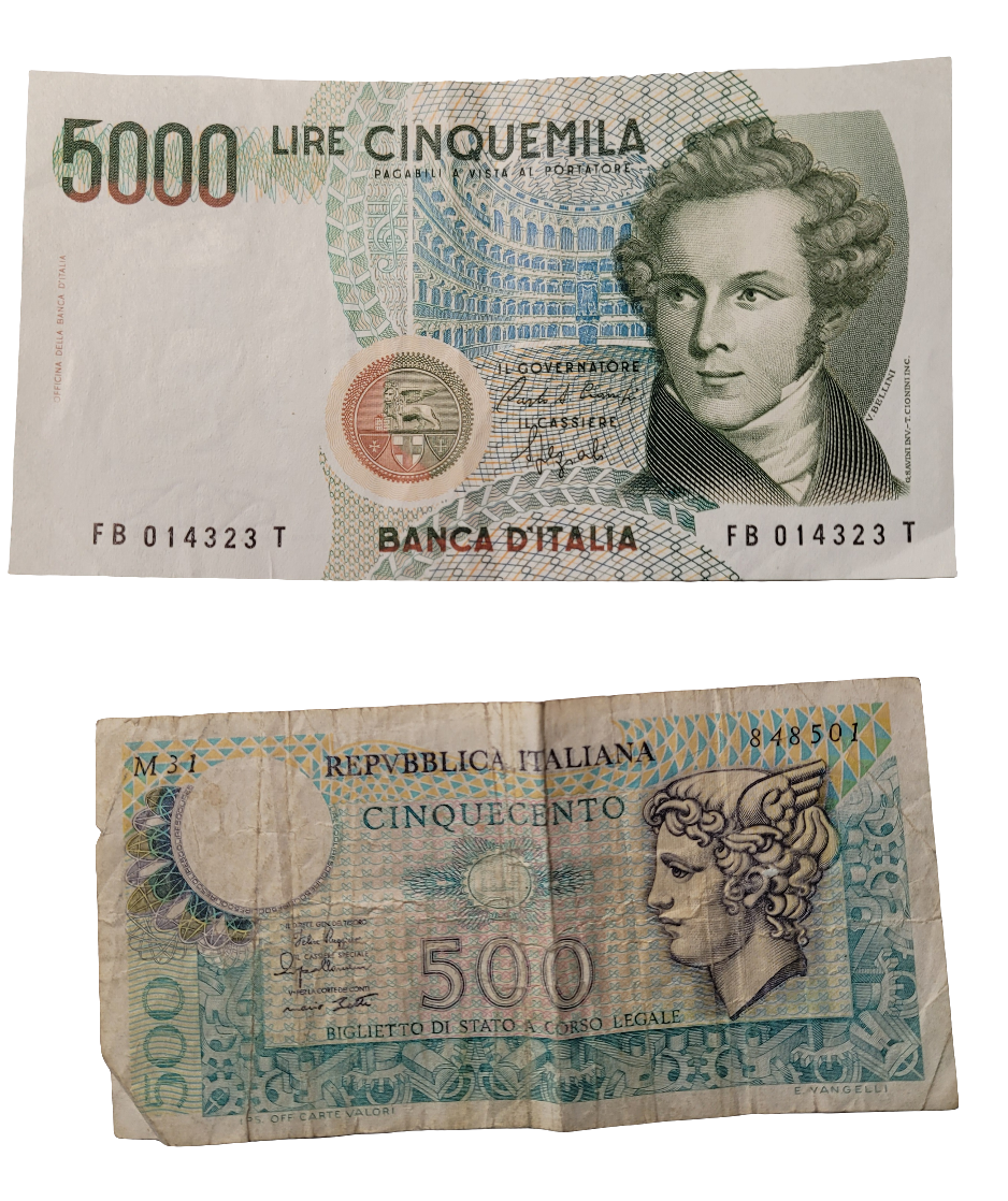 Pair of Italian Lira Banknotes - 5000 Lira and 500 Lira - Vintage Italian Currency
