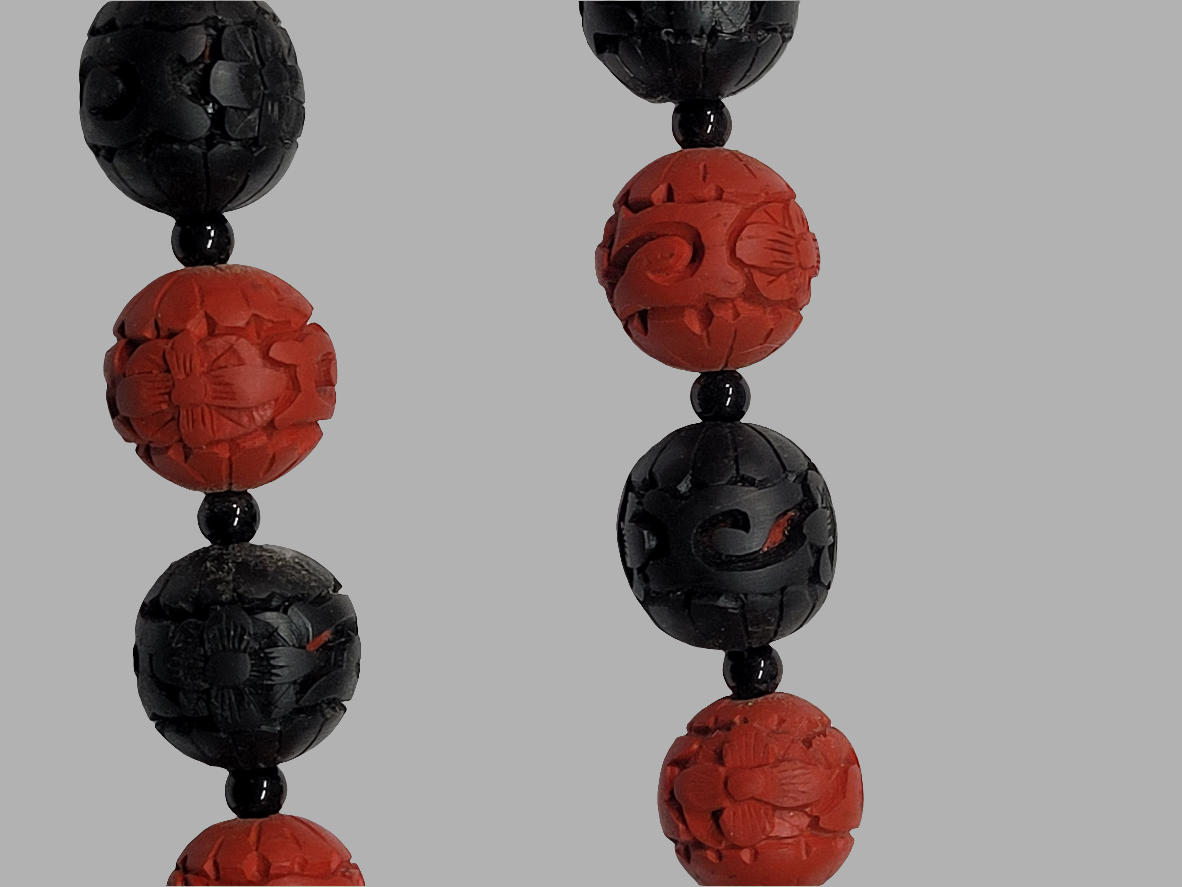 Hand-Carved Cinnabar Bead Necklace with Intricate Floral Patterns Chinese Artistry