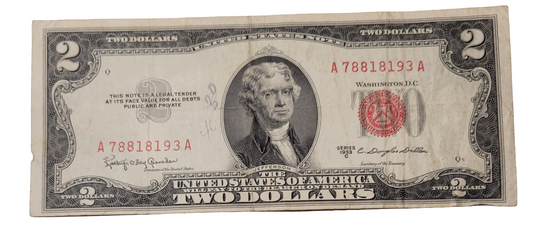 Vintage Series 1953C $2 United States Red Seal Note A78818193A - Collectible Historical Bill