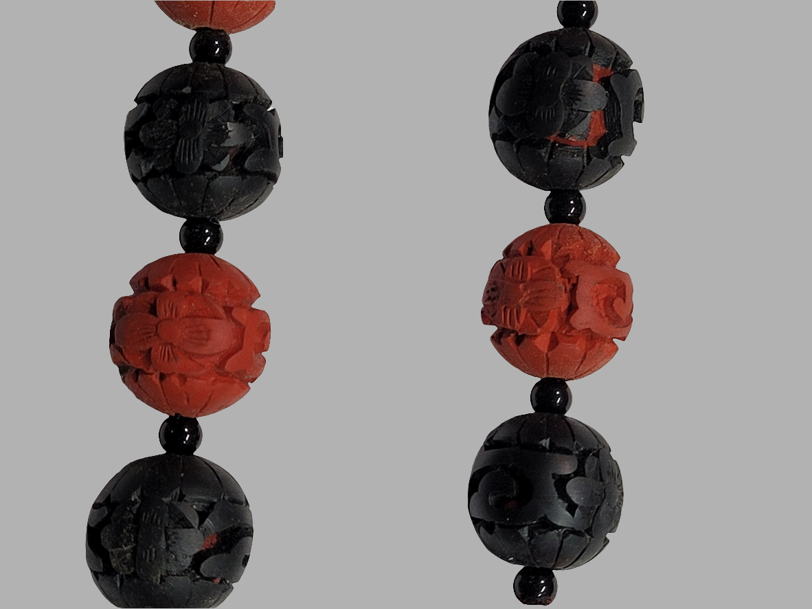 Hand-Carved Cinnabar Bead Necklace with Intricate Floral Patterns Chinese Artistry