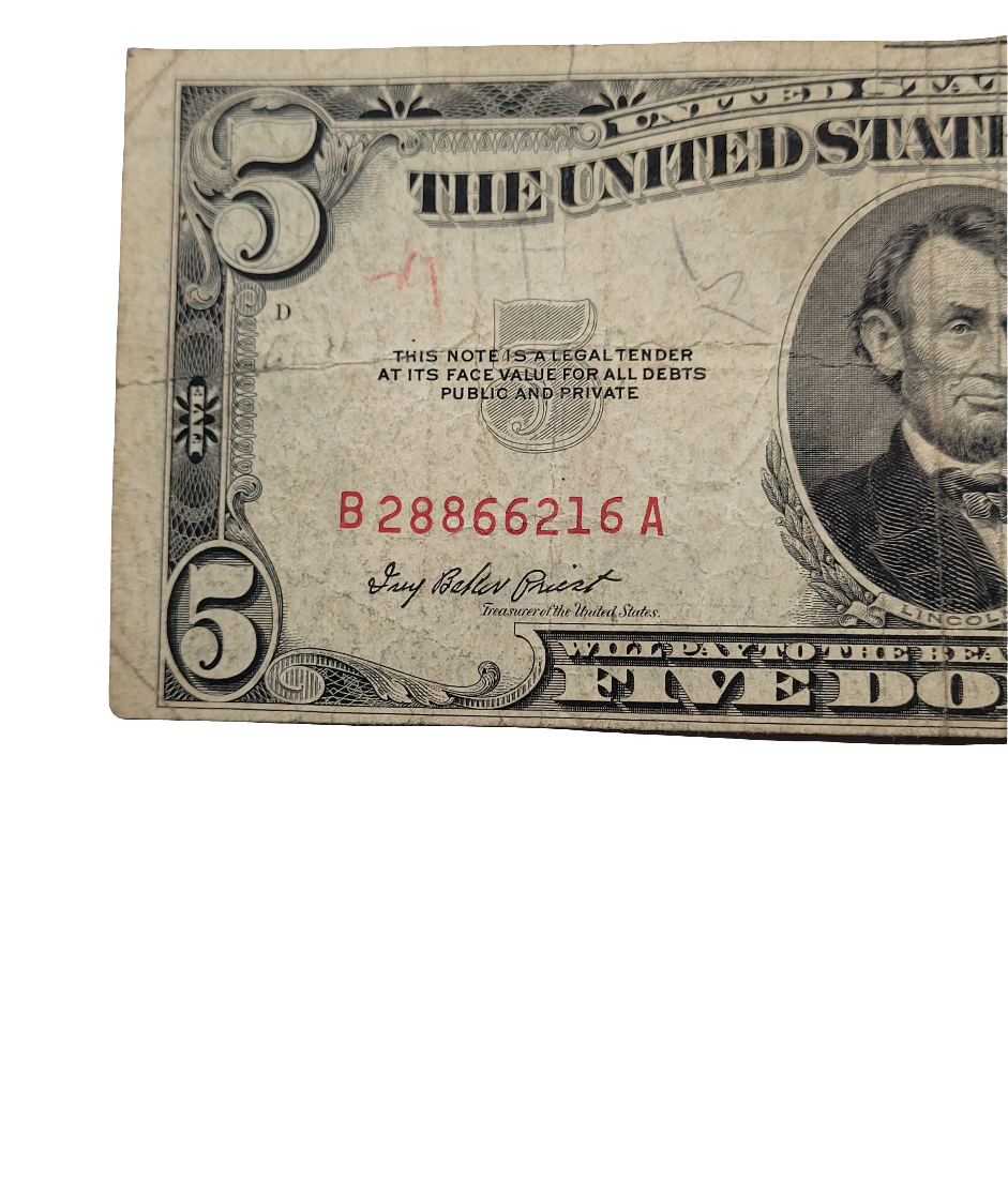 Rare 1953A Series $5 United States Note B28866216A - Vintage Red Seal Currency Featuring Abraham Lincoln