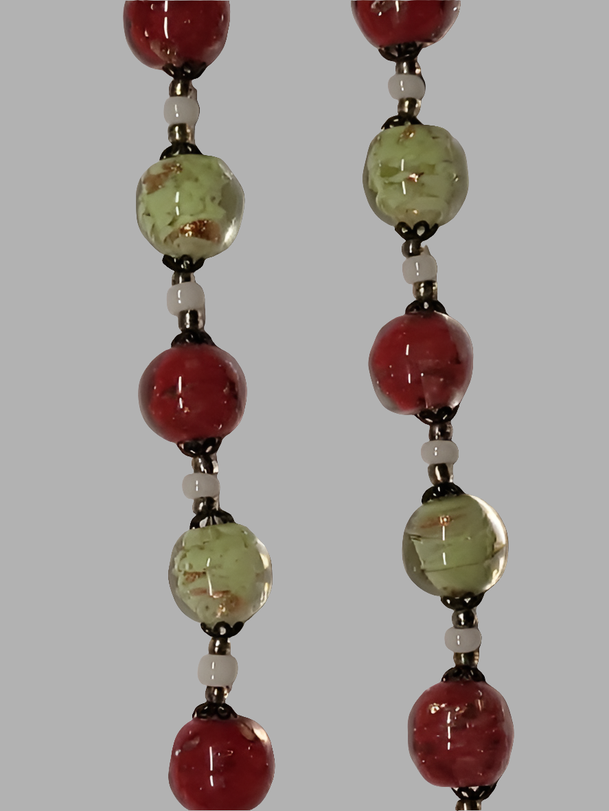 Vintage Hand Made Red and Green Glass Bead Necklace