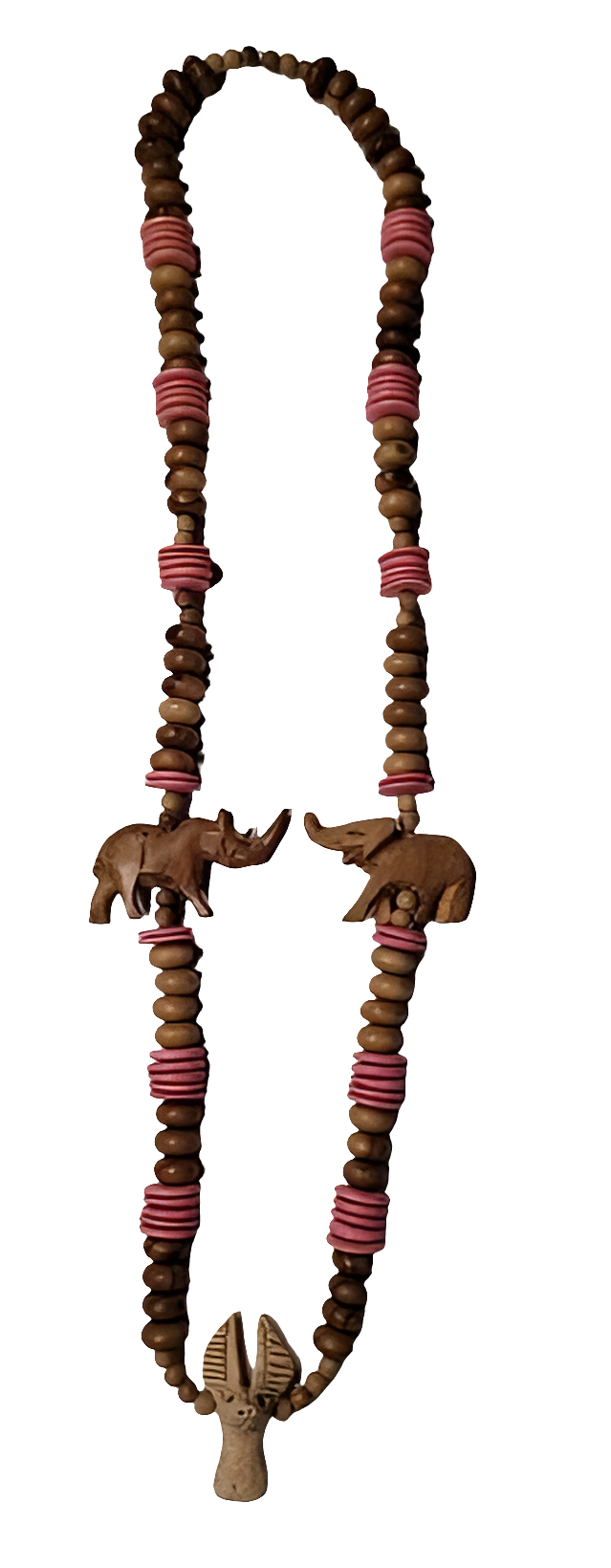 Wooden Animal Necklace with Hand-Carved Rhino and Elephant Beads