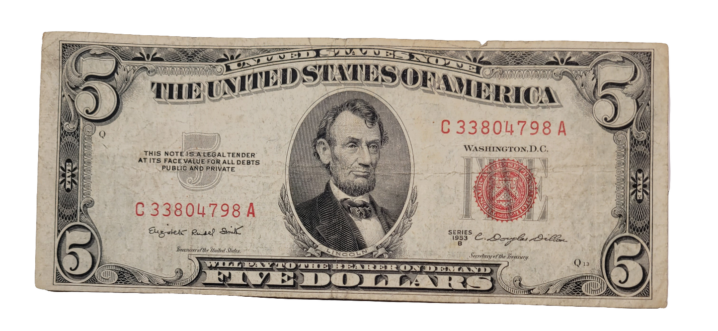 Rare 1953B Series $5 United States Note C33804798A - Vintage Red Seal Currency Featuring Lincoln and the Lincoln Memorial