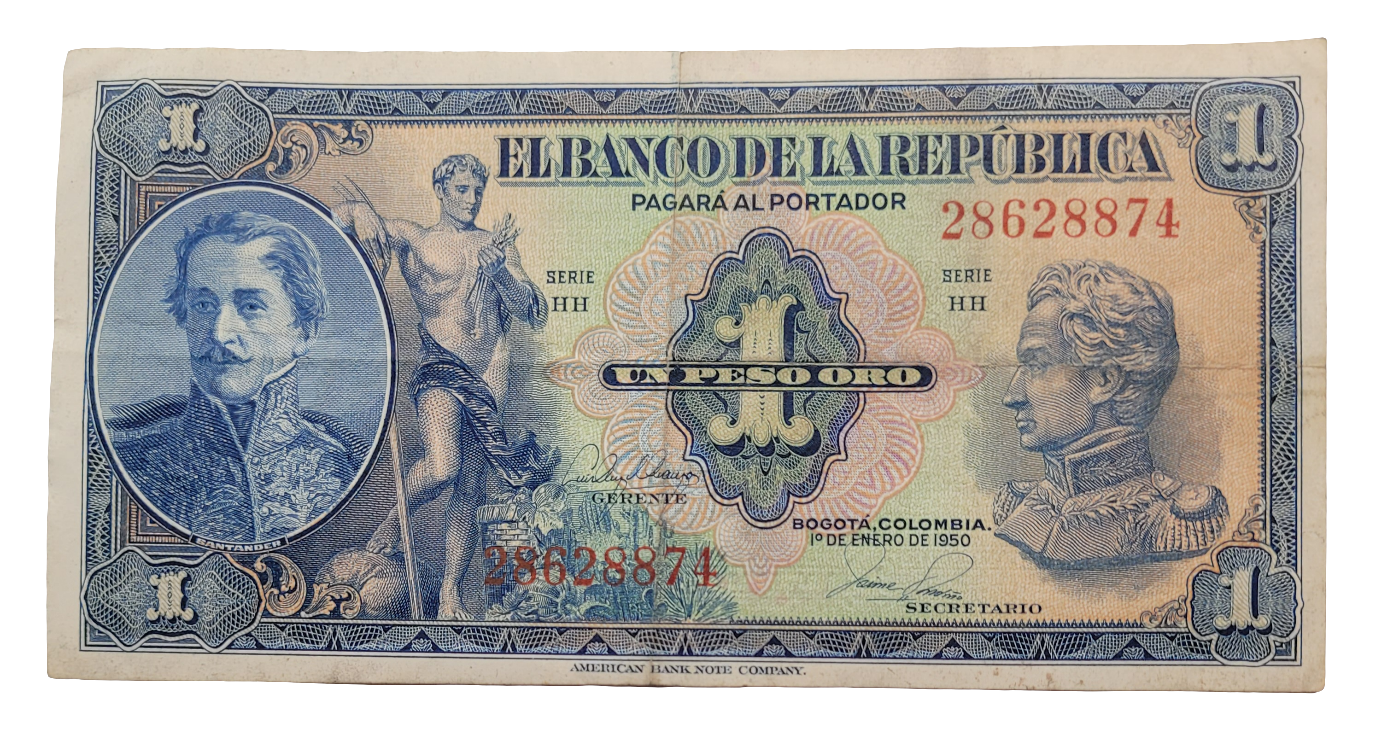 Rare 1950 Colombian 1 Peso Oro Banknote - Exquisite Vintage Currency with Santander Portrait