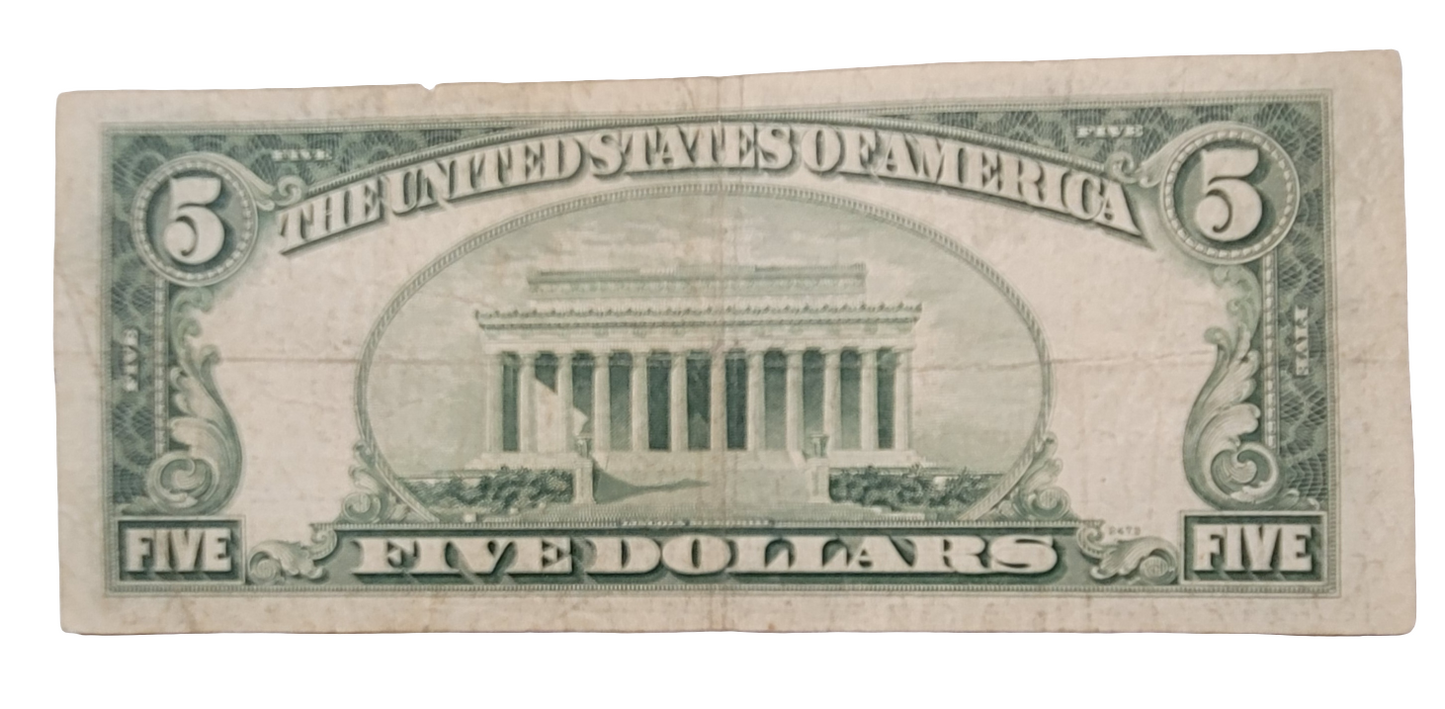 Rare 1953B Series $5 United States Note C33804798A - Vintage Red Seal Currency Featuring Lincoln and the Lincoln Memorial