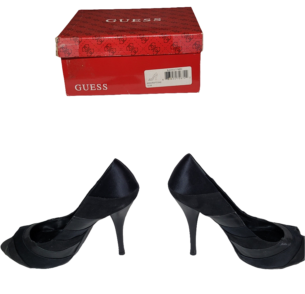 GUESS Black Satin Peep‑Toe Platform Heels – Size 10 W