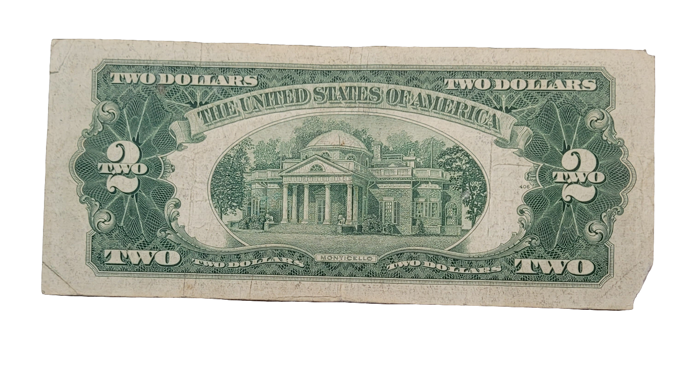 Vintage 1953C A77154457A $2 Red Seal United States Note - Monticello and Jefferson Design