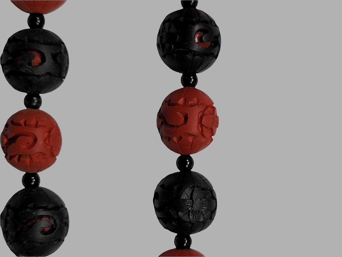 Hand-Carved Cinnabar Bead Necklace with Intricate Floral Patterns Chinese Artistry
