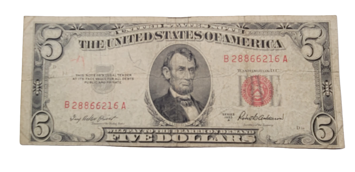 Rare 1953A Series $5 United States Note B28866216A - Vintage Red Seal Currency Featuring Abraham Lincoln