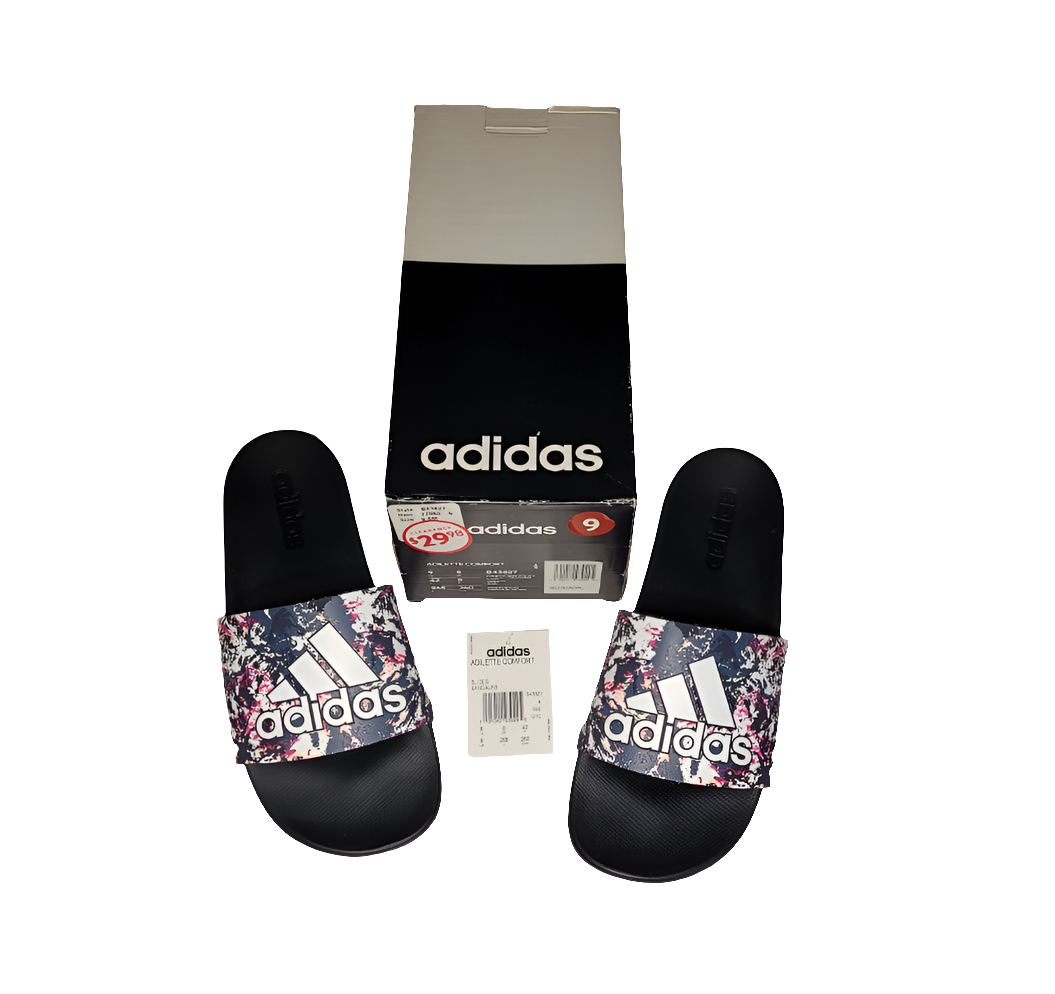 Adidas Adilette Comfort Slides – Size 9 Men / 8 Women – Splash Print Strap