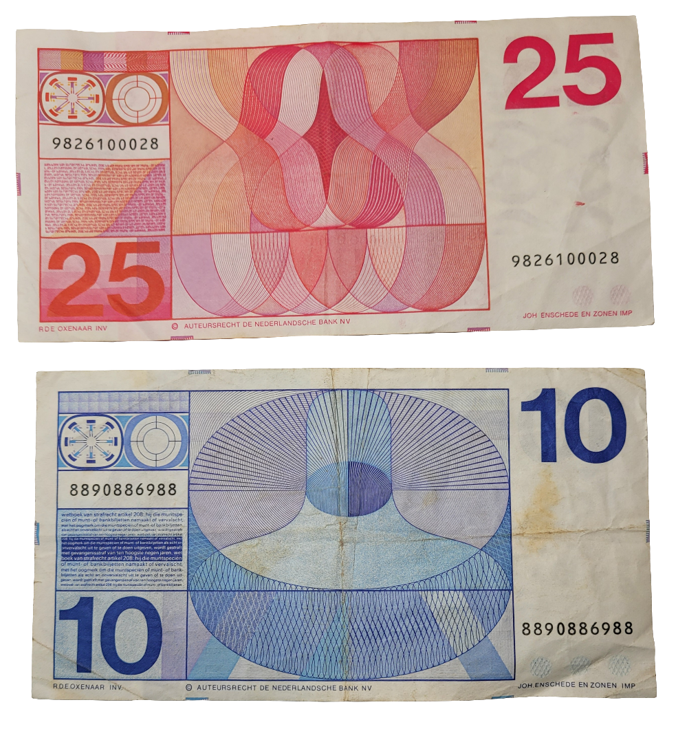 Rare Netherlands 25 and 10 Gulden Banknotes - Vibrant Mid-20th Century Dutch Currency