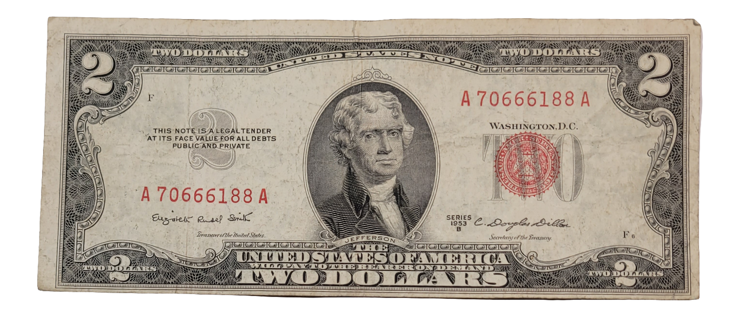 Vintage 1953B $2 Red Seal Note - Unique Serial Number A70666188A
