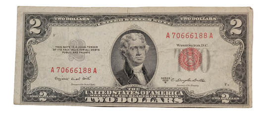 Vintage 1953B $2 Red Seal Note - Unique Serial Number A70666188A