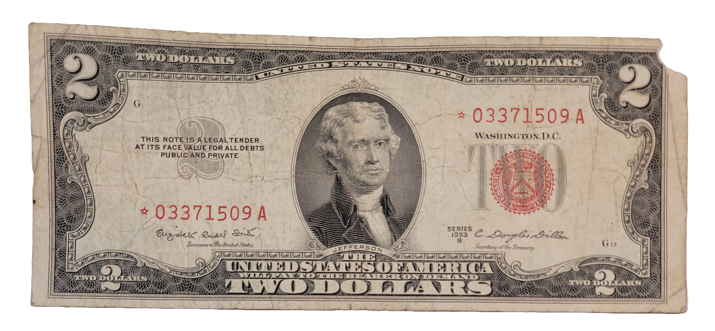 Rare 1953B $2 Red Seal Star Note - Vintage Jefferson U.S. Currency