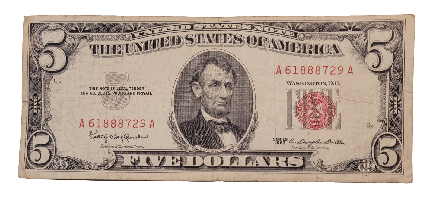 Rare 1963 $5 United States Note A61888729A - Abraham Lincoln Portrait & Red Seal Currency