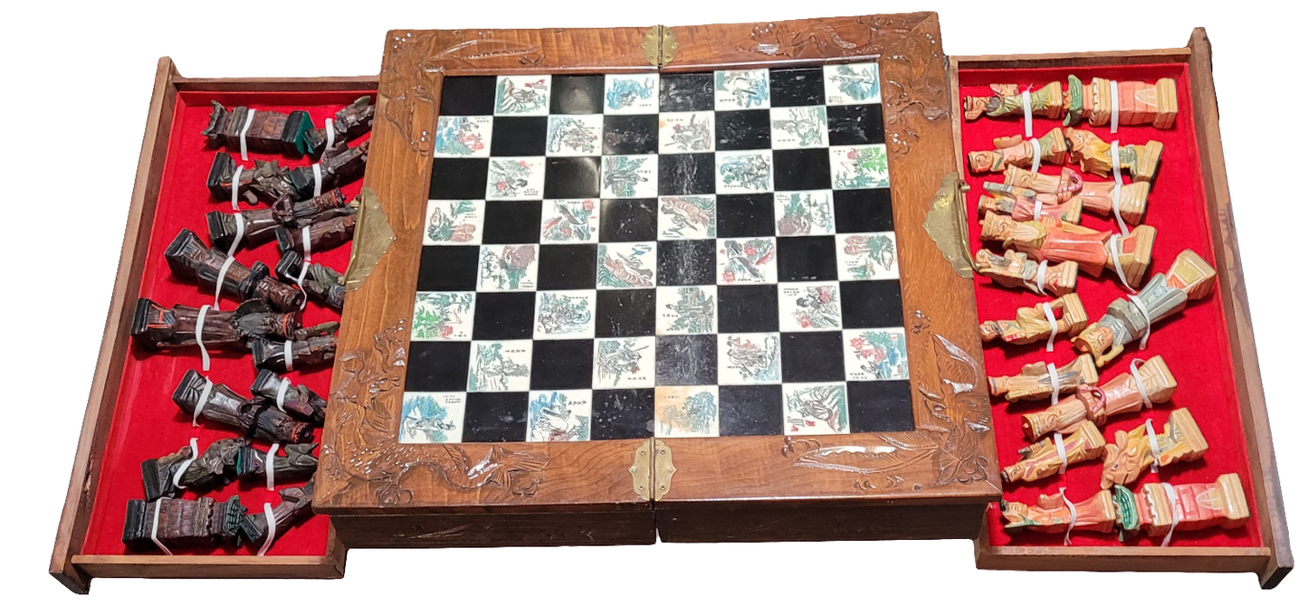 Vintage Hand-Carved Chinese Chess Set with Intricate Board & Storage