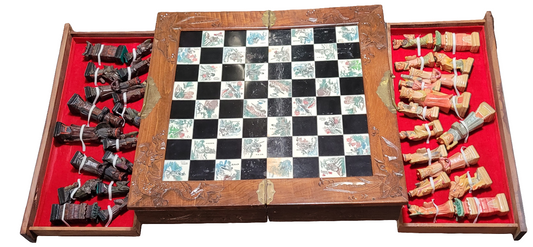 Vintage Hand-Carved Chinese Chess Set with Intricate Board & Storage