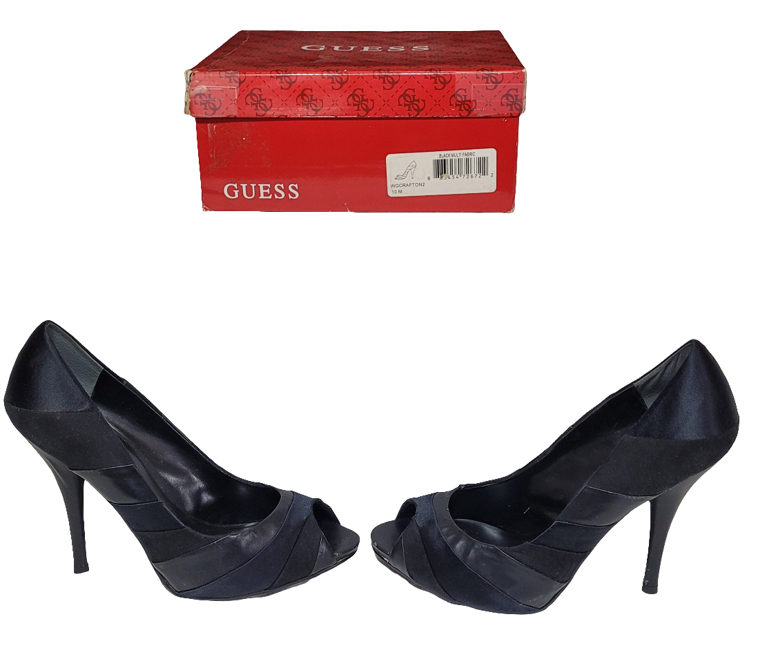 GUESS Black Satin Peep‑Toe Platform Heels – Size 10 W