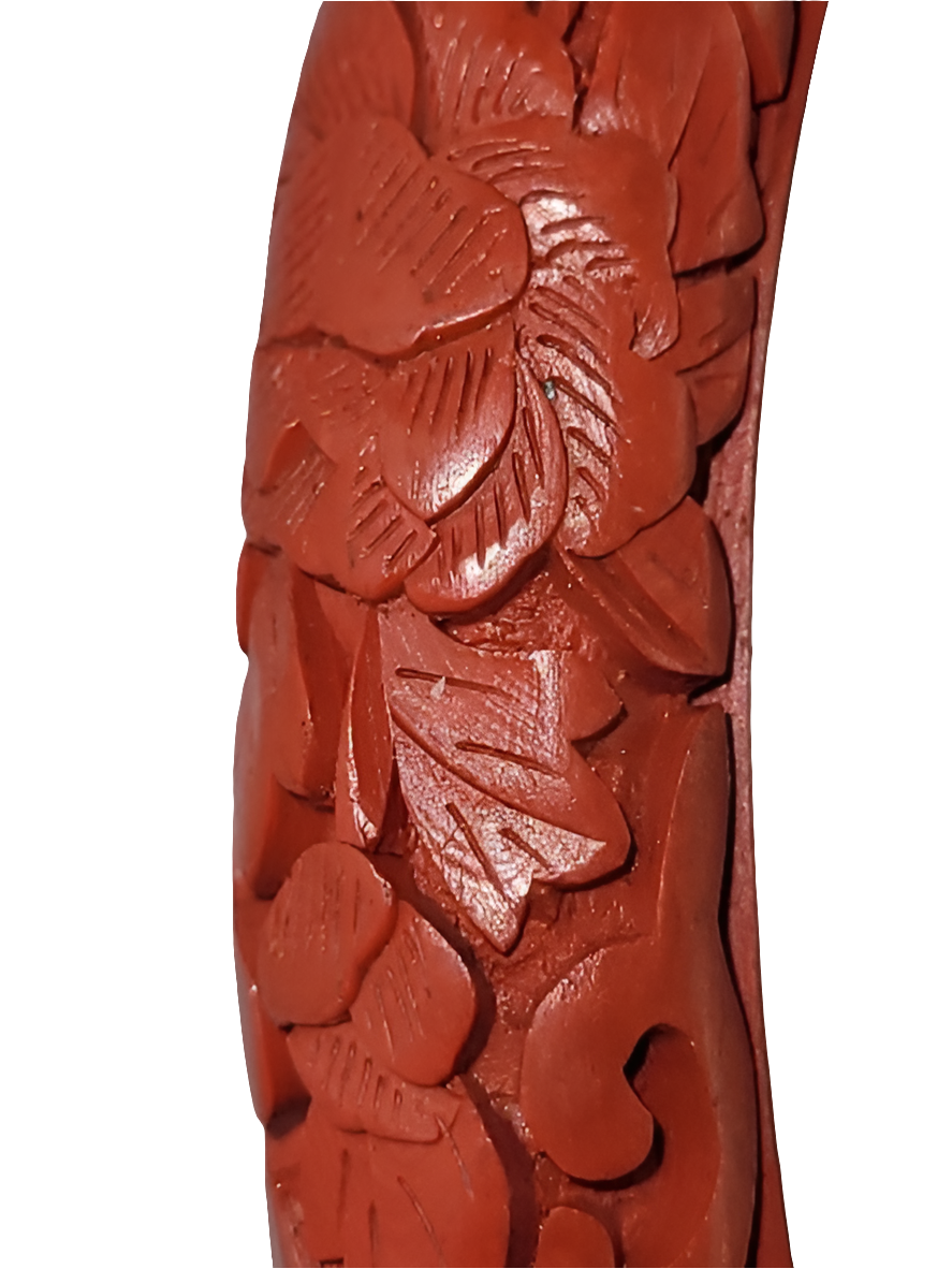 Hand-Carved Red Cinnabar Bangle Bracelet with Floral Design Chinese Artistry