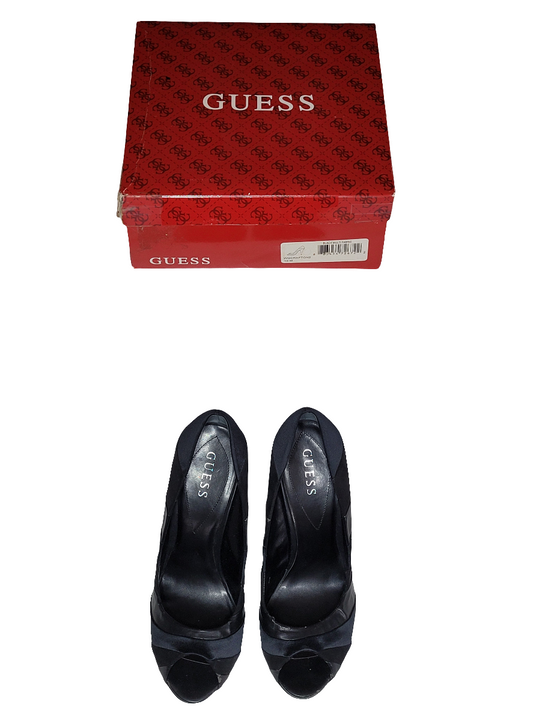 GUESS Black Satin Peep‑Toe Platform Heels – Size 10 W