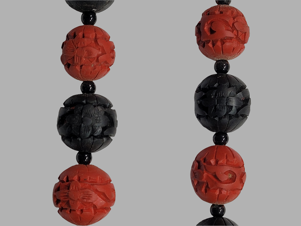 Hand-Carved Cinnabar Bead Necklace with Intricate Floral Patterns Chinese Artistry