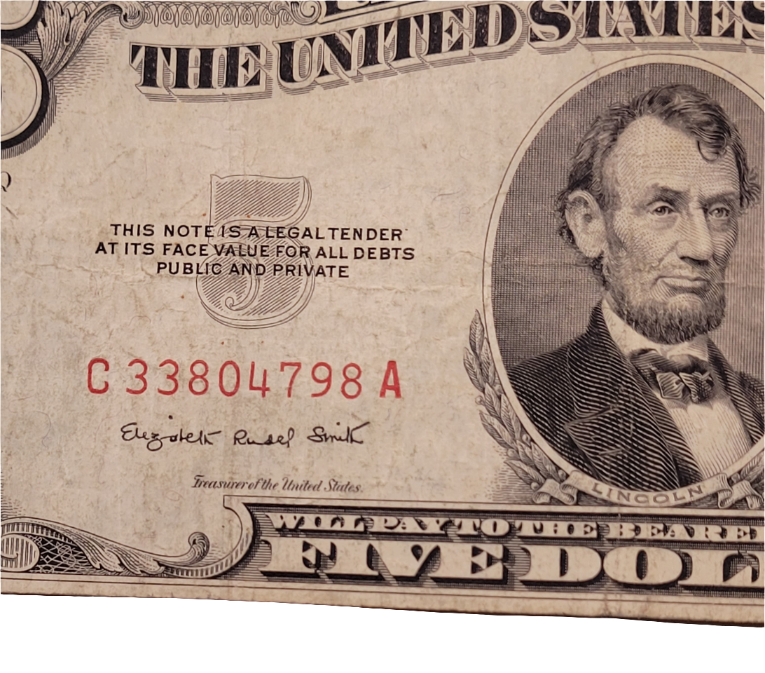 Rare 1953B Series $5 United States Note C33804798A - Vintage Red Seal Currency Featuring Lincoln and the Lincoln Memorial