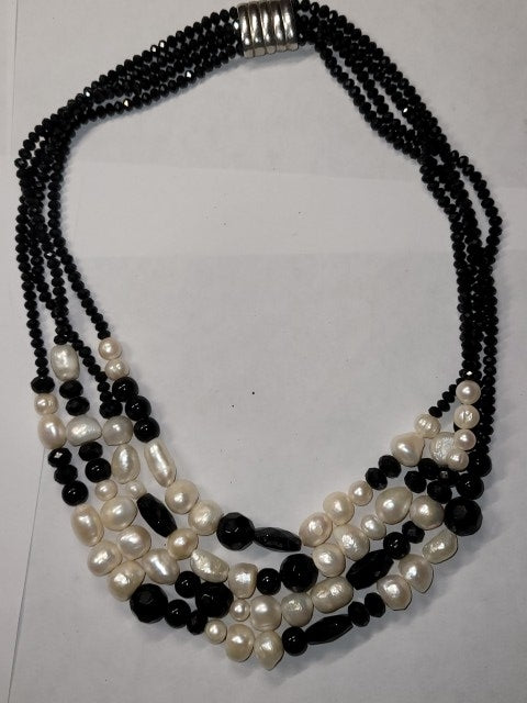 Elegant Pearl and Black Onyx Multistrand Necklace