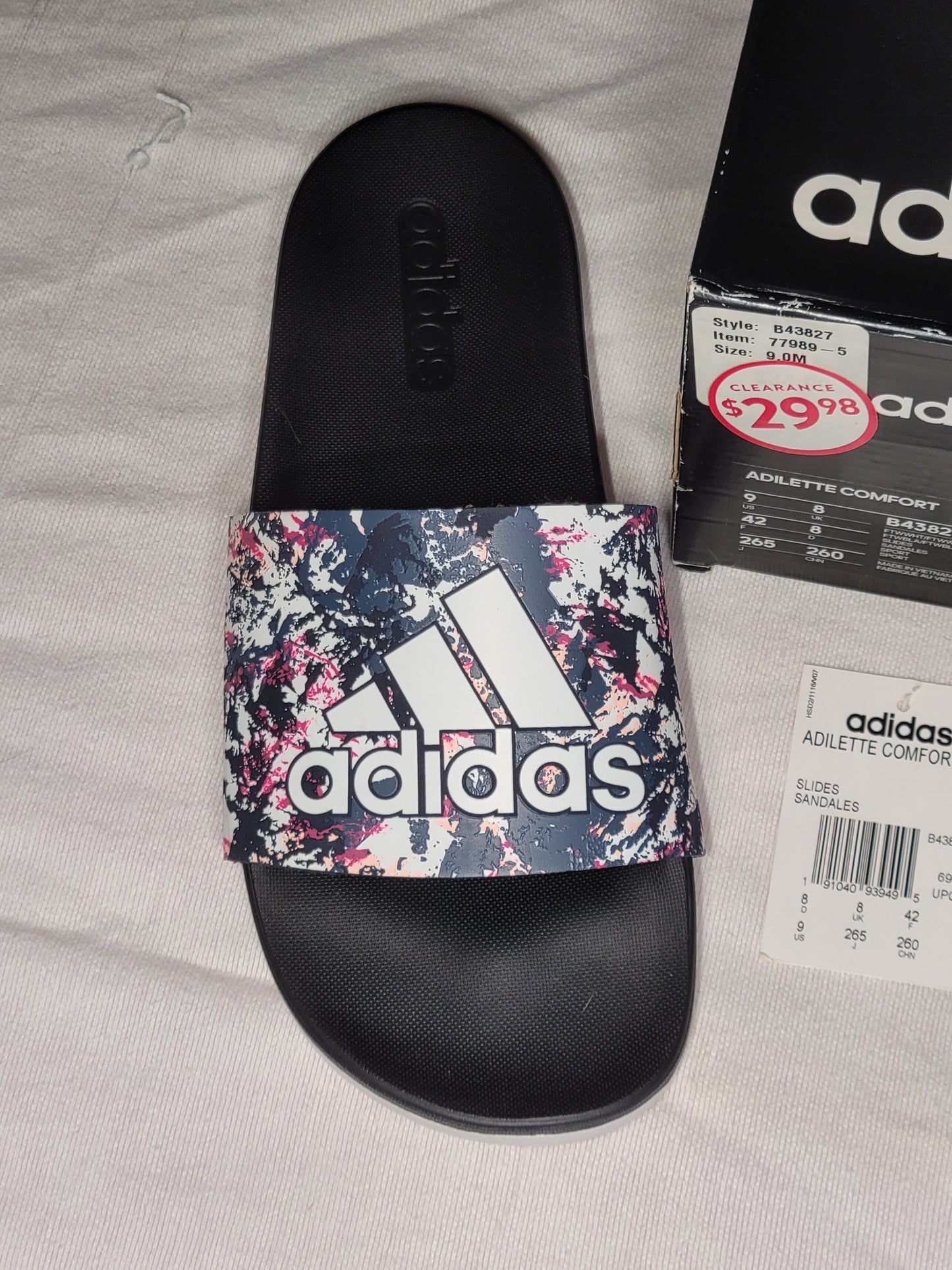 Adidas Adilette Comfort Slides – Size 9 Men / 8 Women – Splash Print Strap