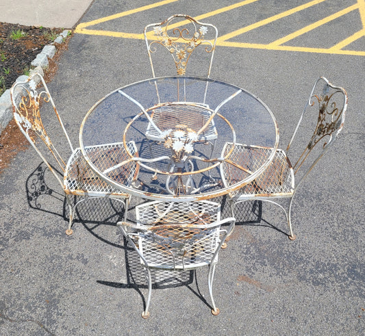 Mid-Century Wrought Iron Patio Set – Attributed to Woodard – Floral Scroll Design – 5-Piece Glass Top