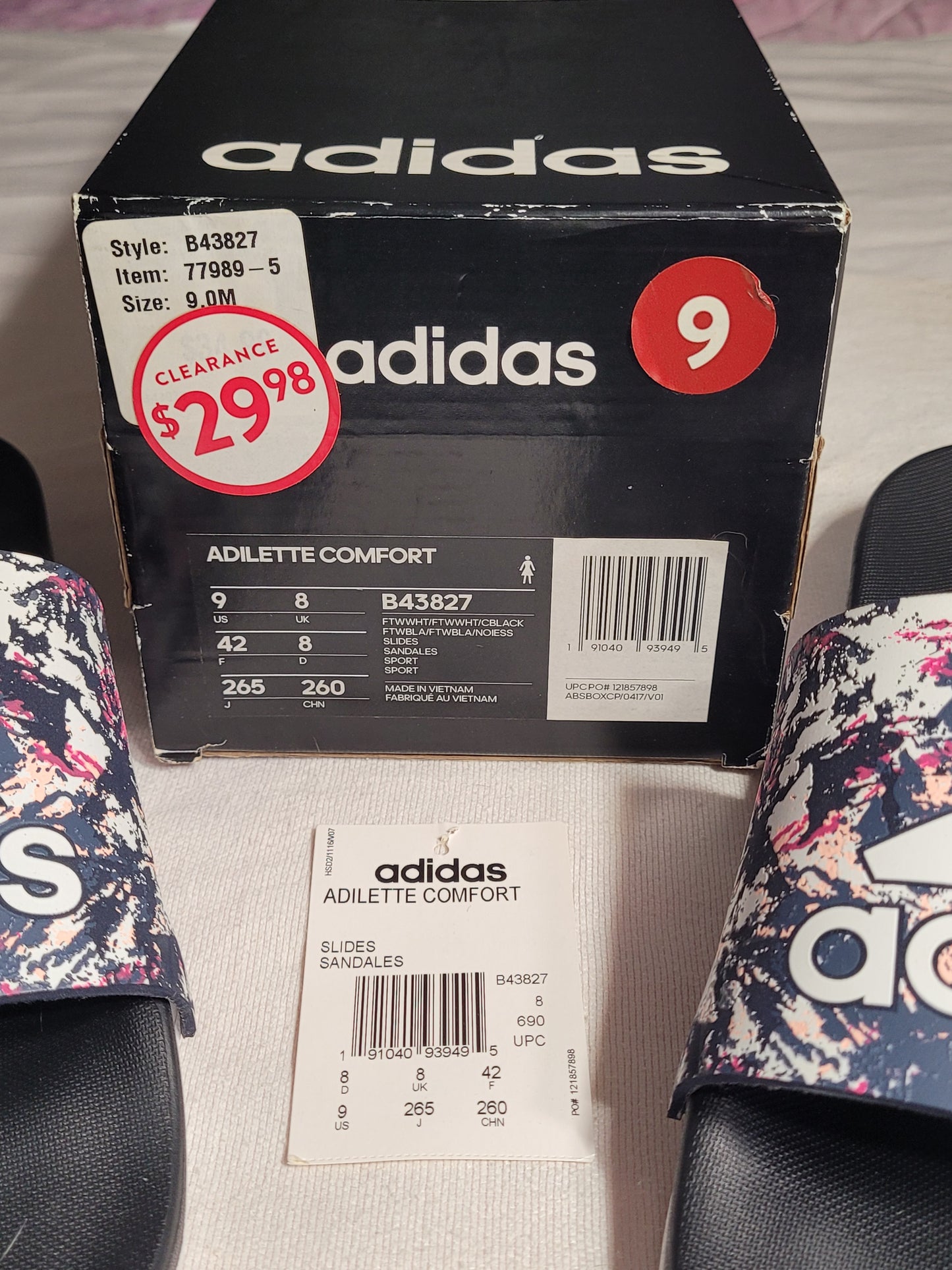 Adidas Adilette Comfort Slides – Size 9 Men / 8 Women – Splash Print Strap