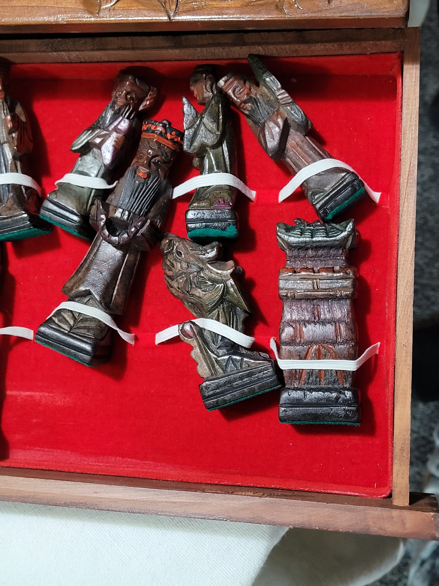 Vintage Hand-Carved Chinese Chess Set with Intricate Board & Storage